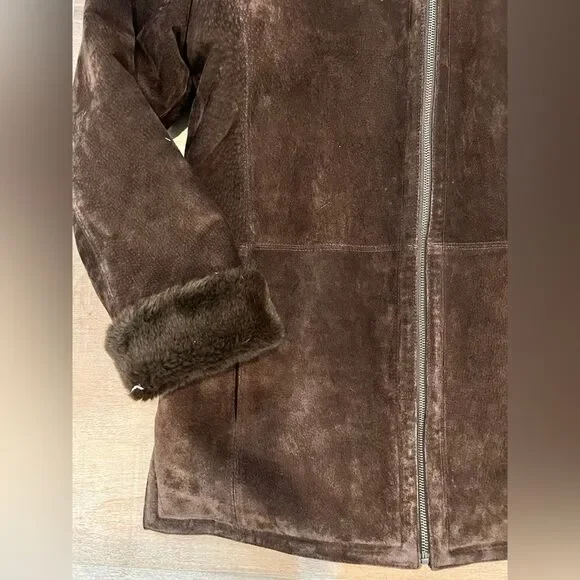 Suede leather brown fur lined jacket - Picture 12 of 14
